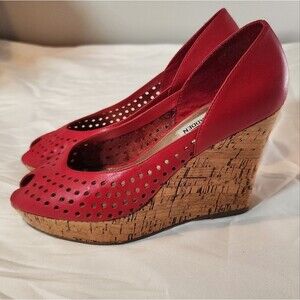 Steve Madden Red Leather Wedge Peep-Toe Shoes 8B